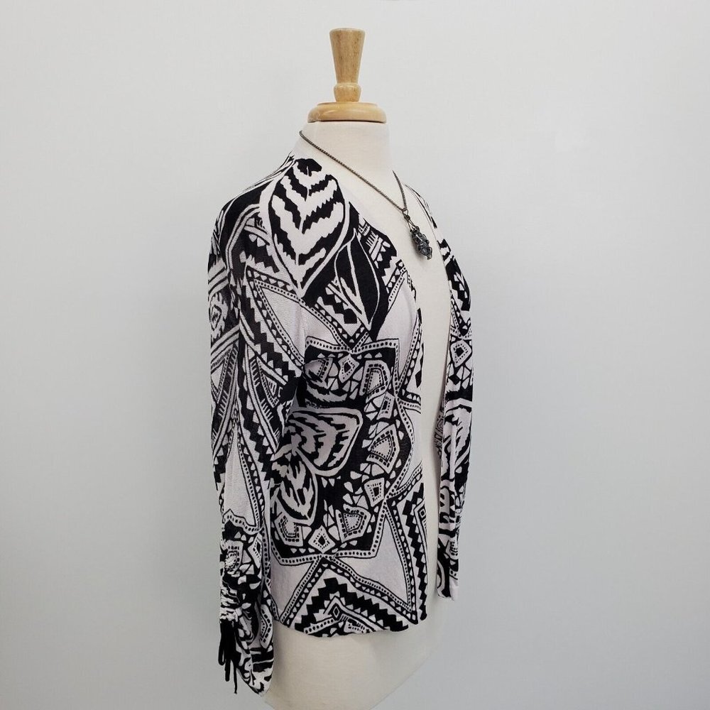 Chico's Womens Black White Open Front Cardigan Sweater Size 2 (L) Ruched Sleeves - Picture 2 of 14